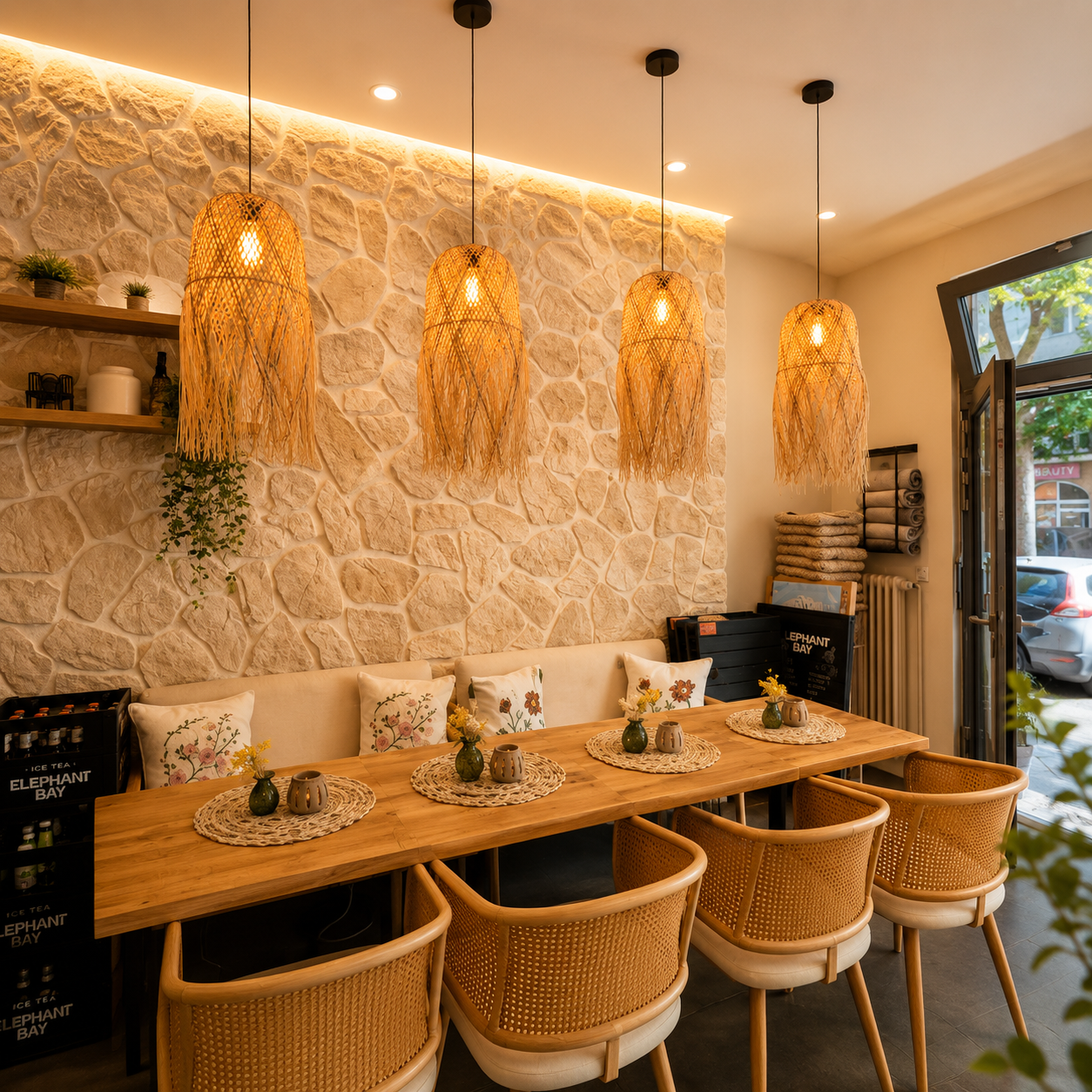 Innenraum des Cafés mit Theke und Tischen